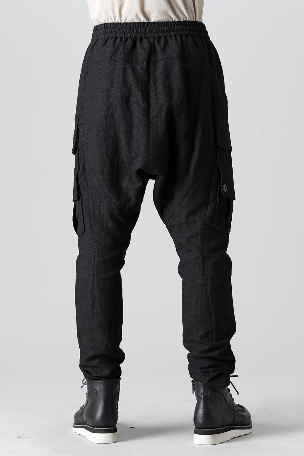 Cargo drop crotch pants cotton ramie shrink