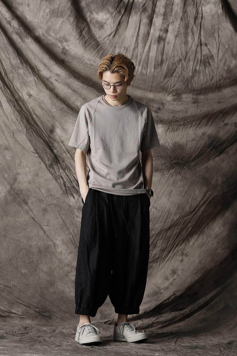 Baggy cropped pants Ramie stripe