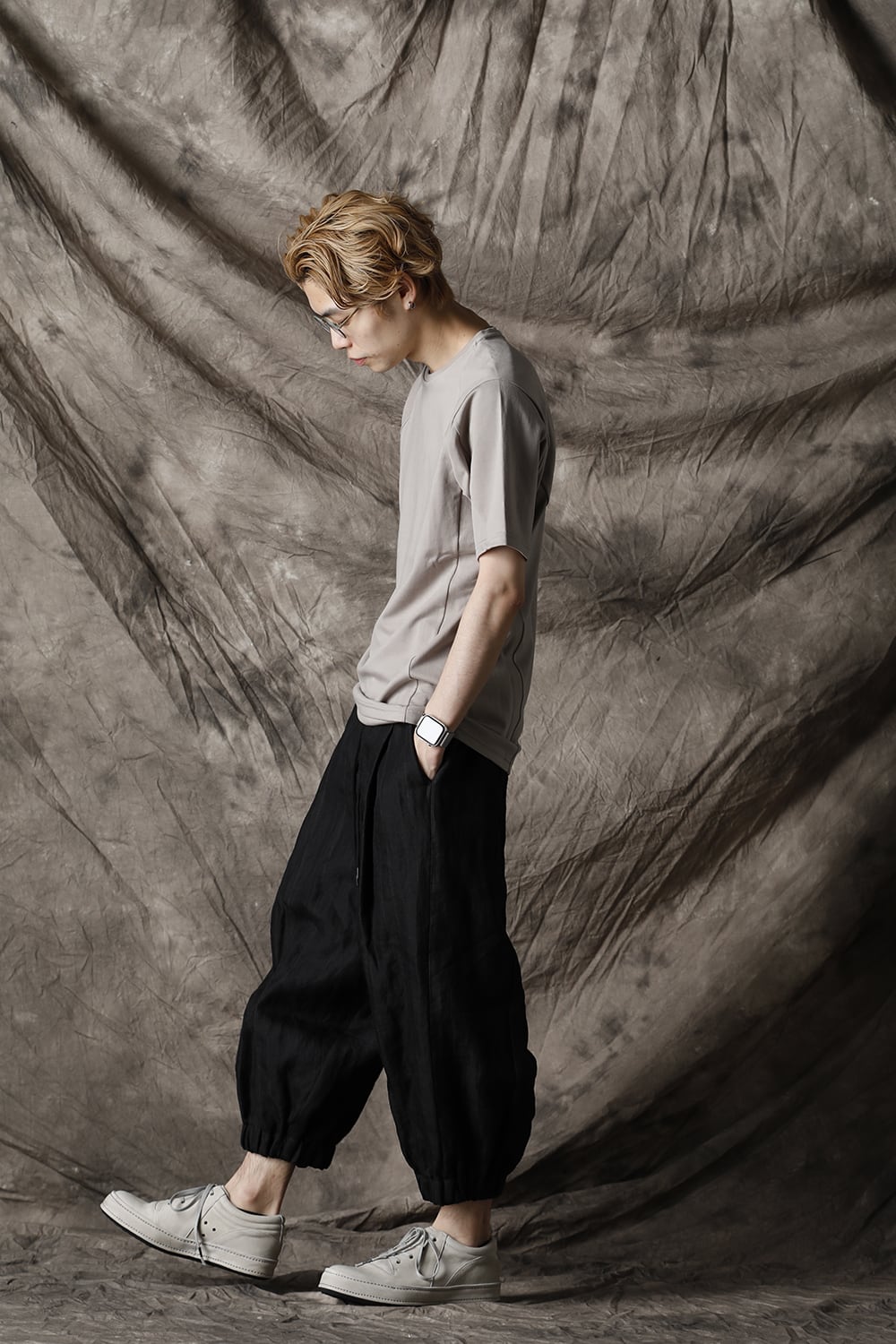 Baggy cropped pants Ramie stripe