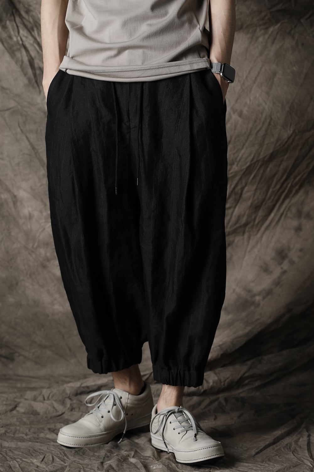 Baggy cropped pants Ramie stripe