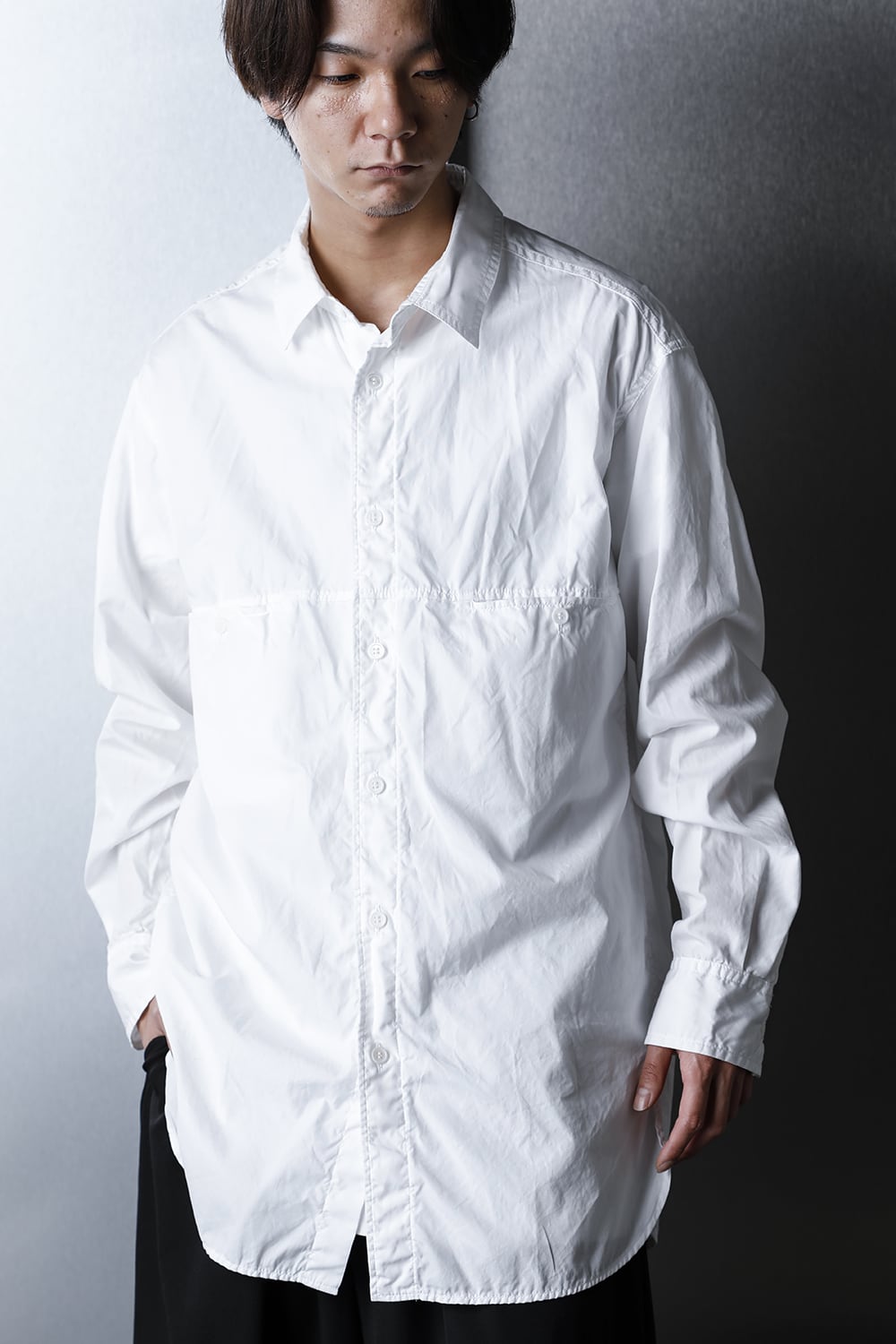 Patch Chest Chain stitch Broad shirt White