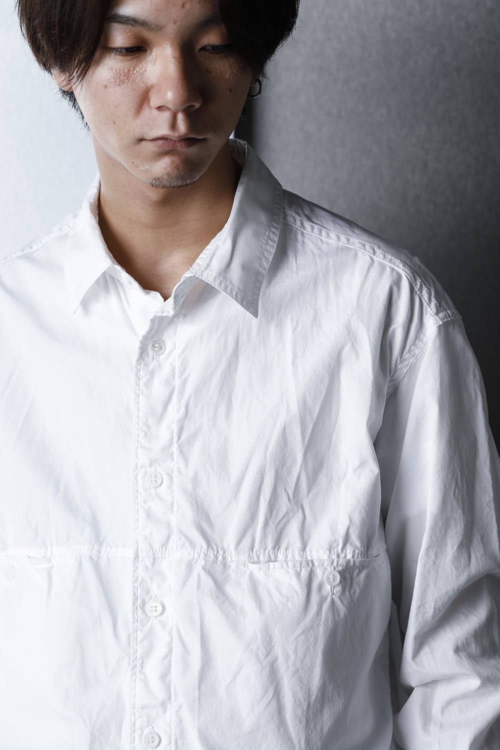 Patch Chest Chain stitch Broad shirt White