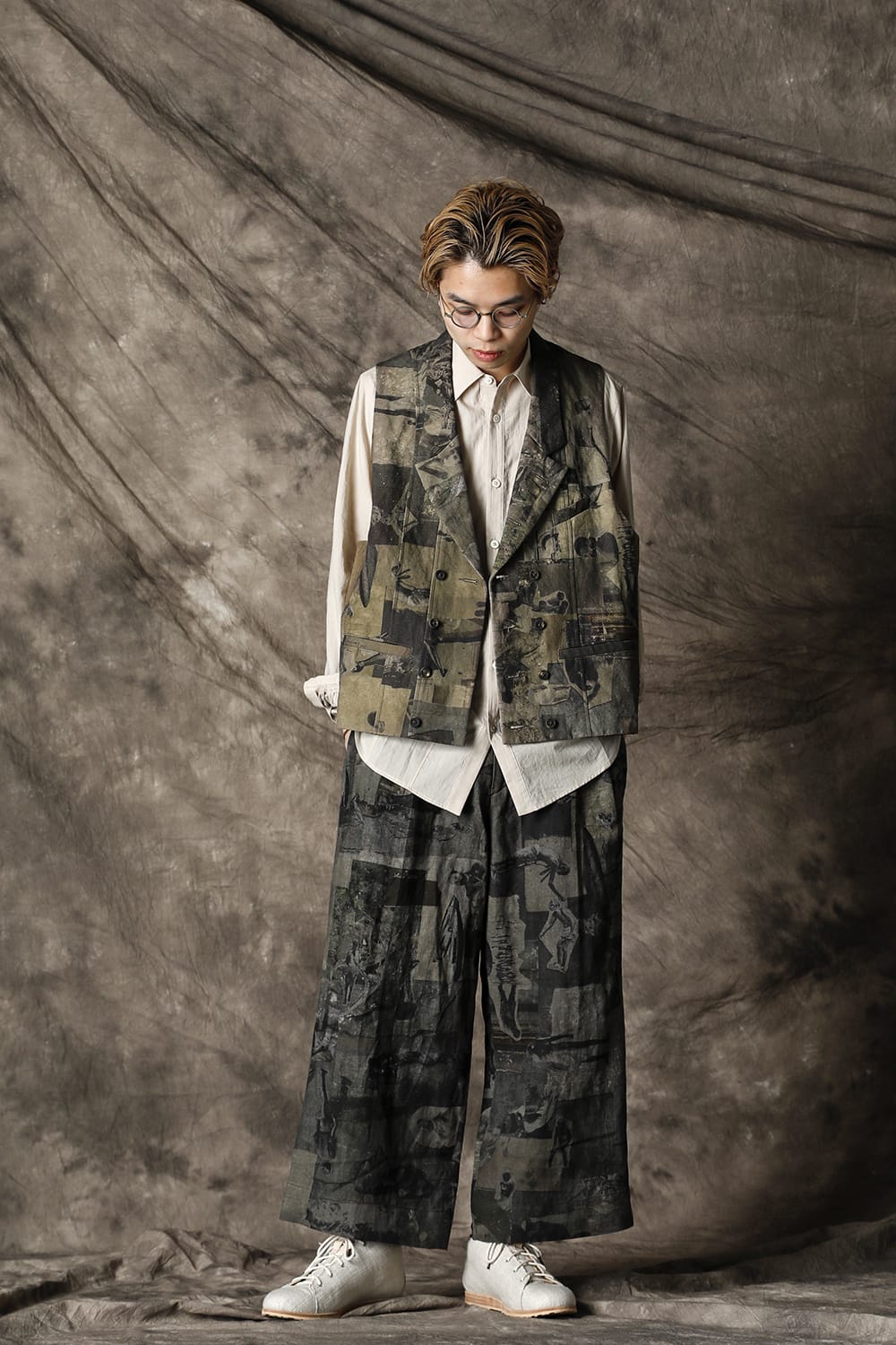 ダブルブレステッド ベスト グレーグリーンピグメント