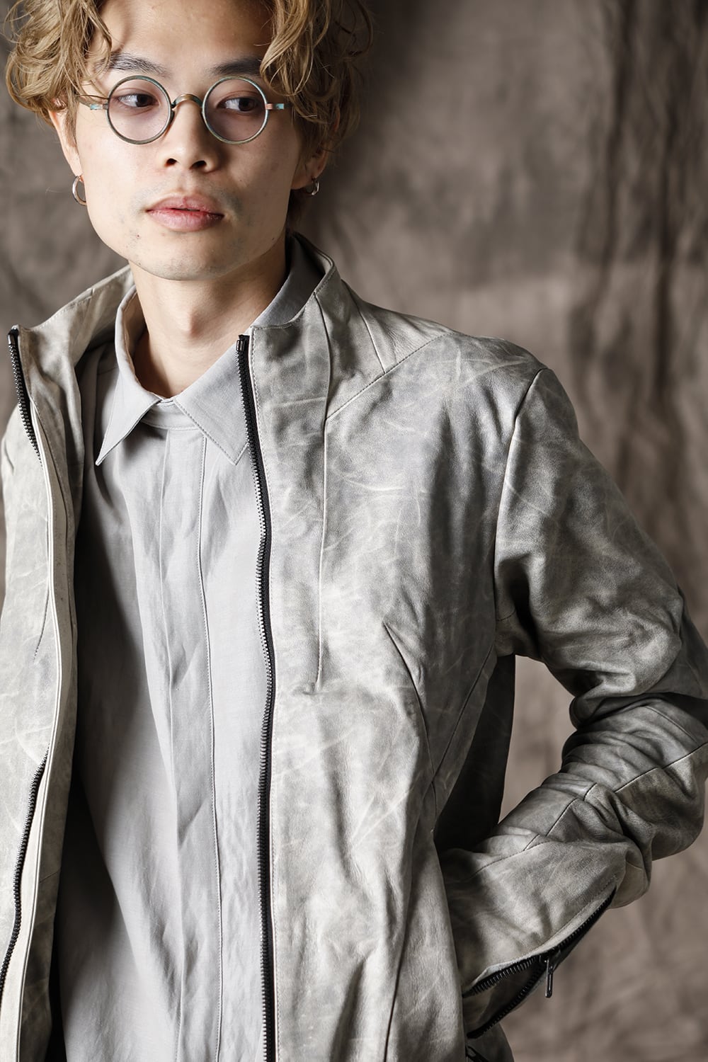 Limited Horse Leather High-Neck Jacket Concrete