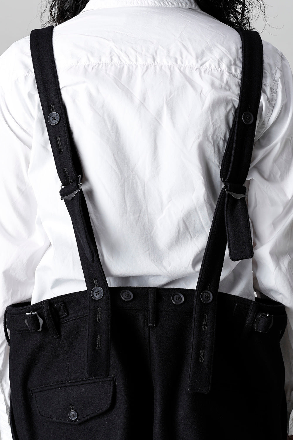 COMPRESSED MELTON FRINGE SUSPENDER PANTS