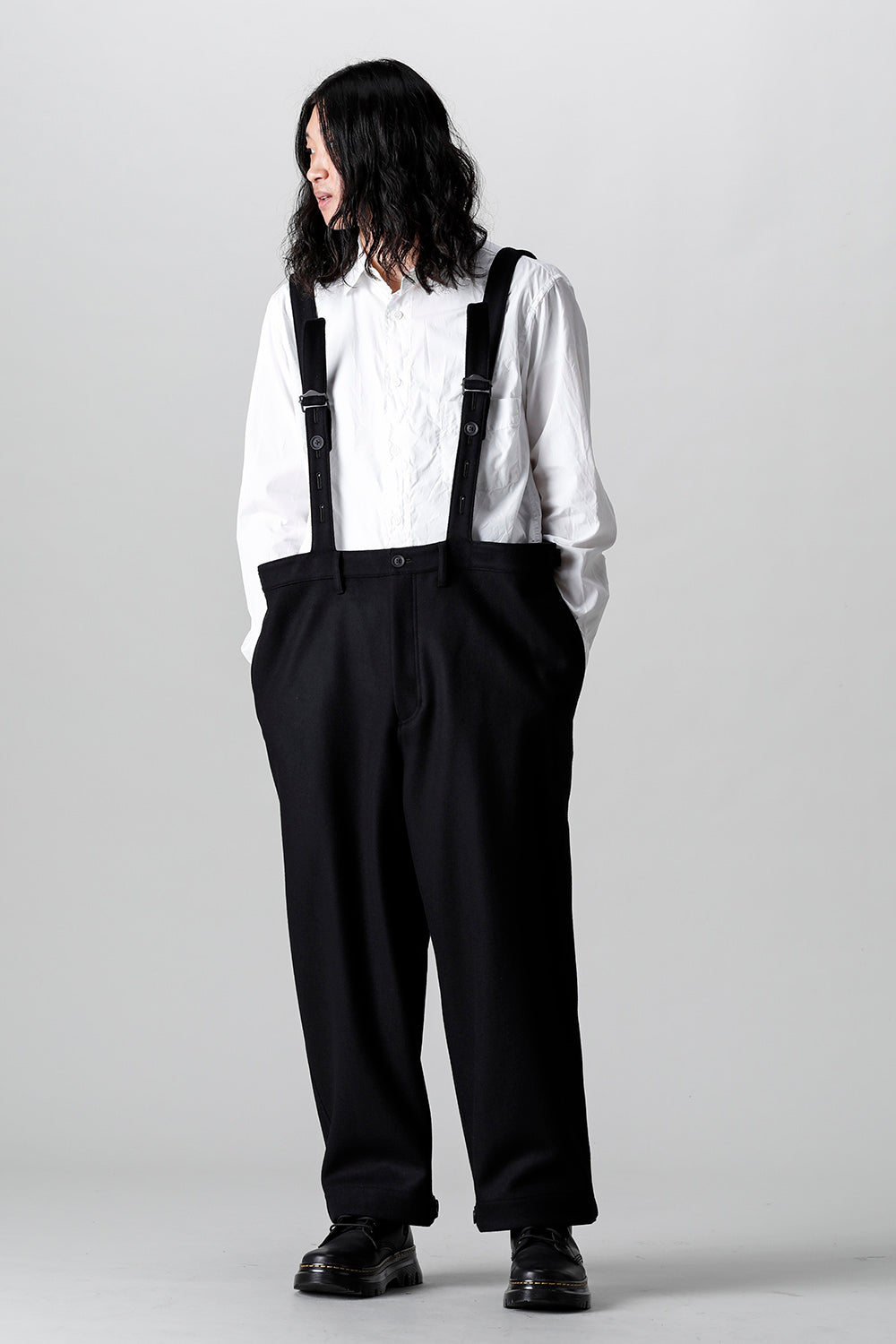 COMPRESSED MELTON FRINGE SUSPENDER PANTS