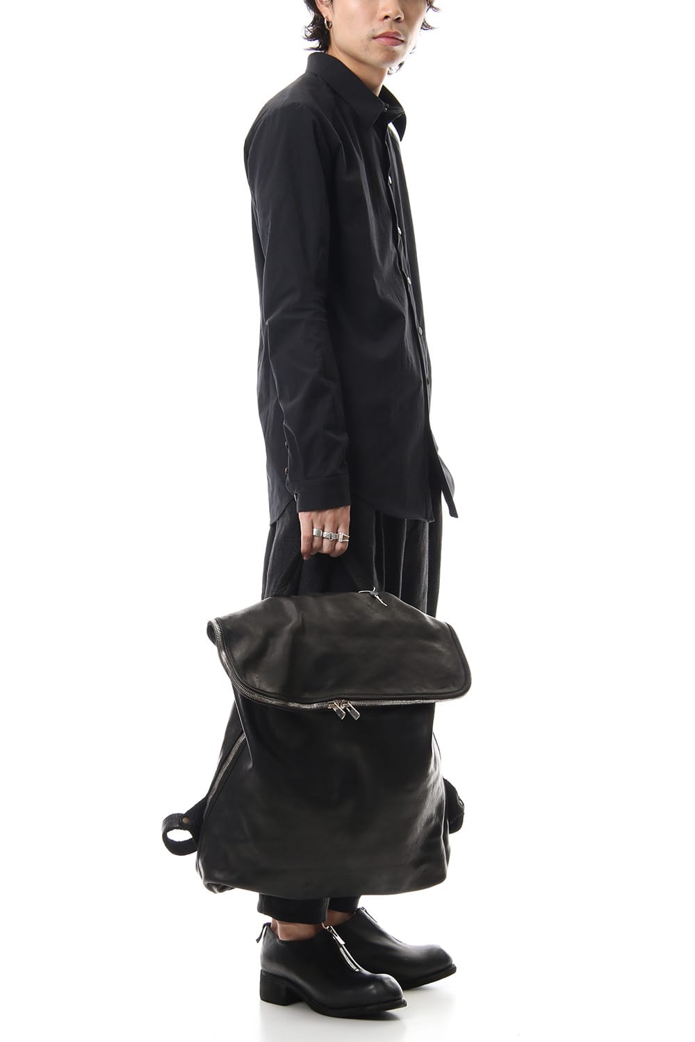 Large Belted Backpack Soft Horse Full Grain Leather BLK/T