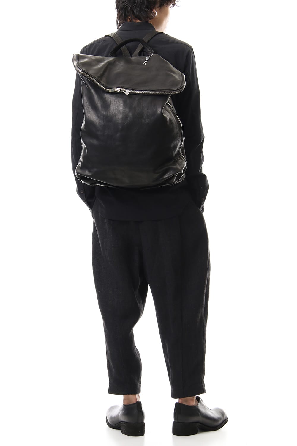 Large Belted Backpack Soft Horse Full Grain Leather BLK/T