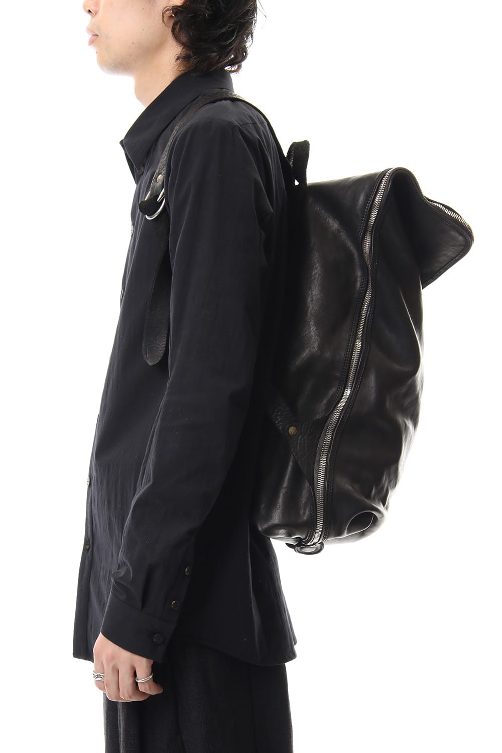 Large Belted Backpack Soft Horse Full Grain Leather BLK/T