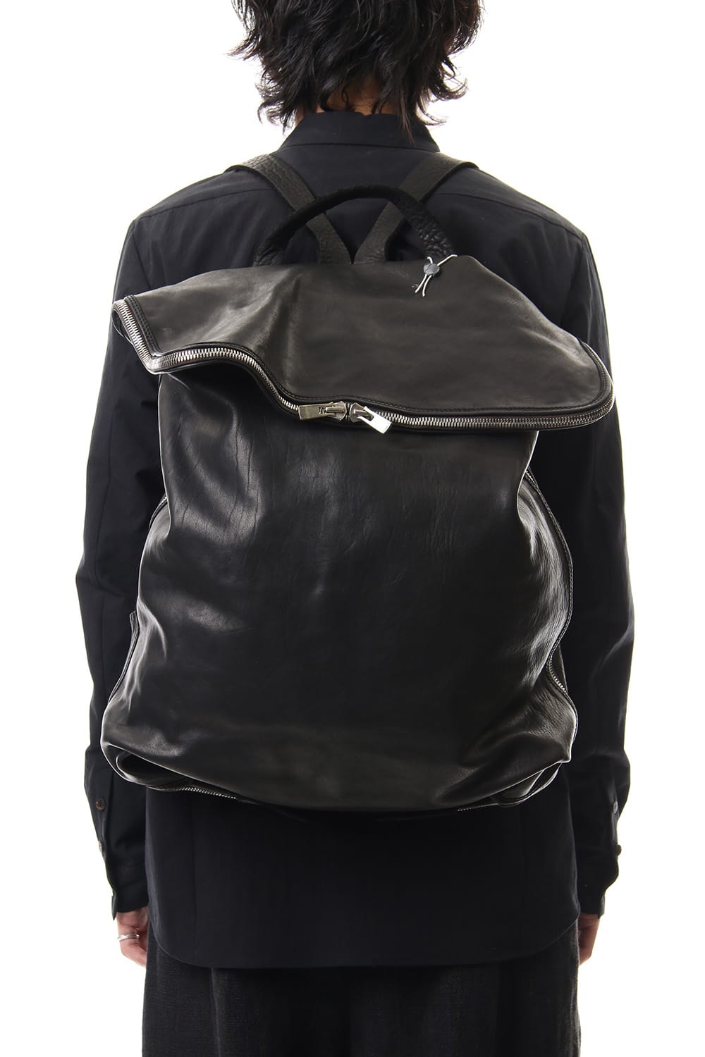 Large Belted Backpack Soft Horse Full Grain Leather BLK/T