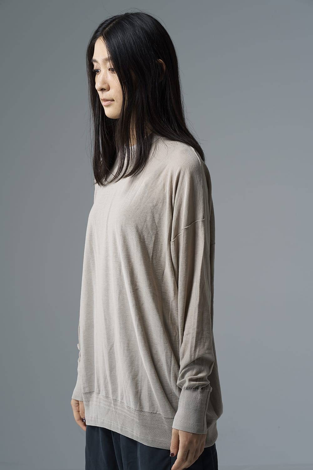 ルーズフィット ニットロングスリーブ シルク/コットン  ベージュグレー