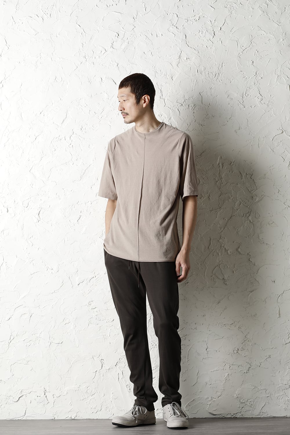 Knit crewneck short sleeve high twist cotton Cream Gray