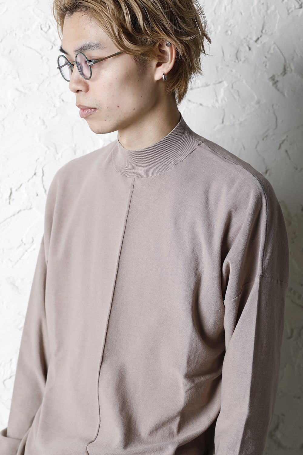 Knit mockneck long sleeve high twist cotton Cream Gray