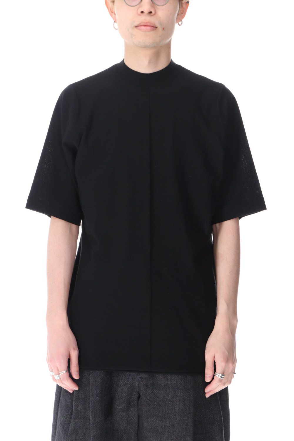 Knit mockneck short sleeve high twist cotton Black
