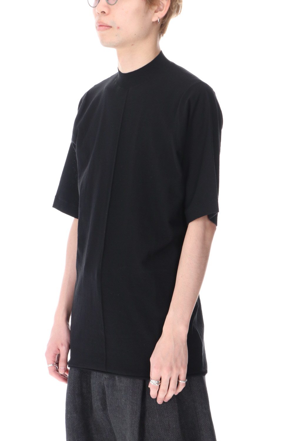 Knit mockneck short sleeve high twist cotton Black