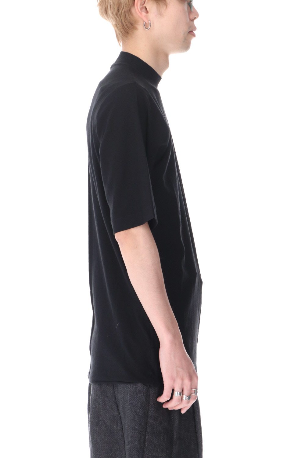 Knit mockneck short sleeve high twist cotton Black