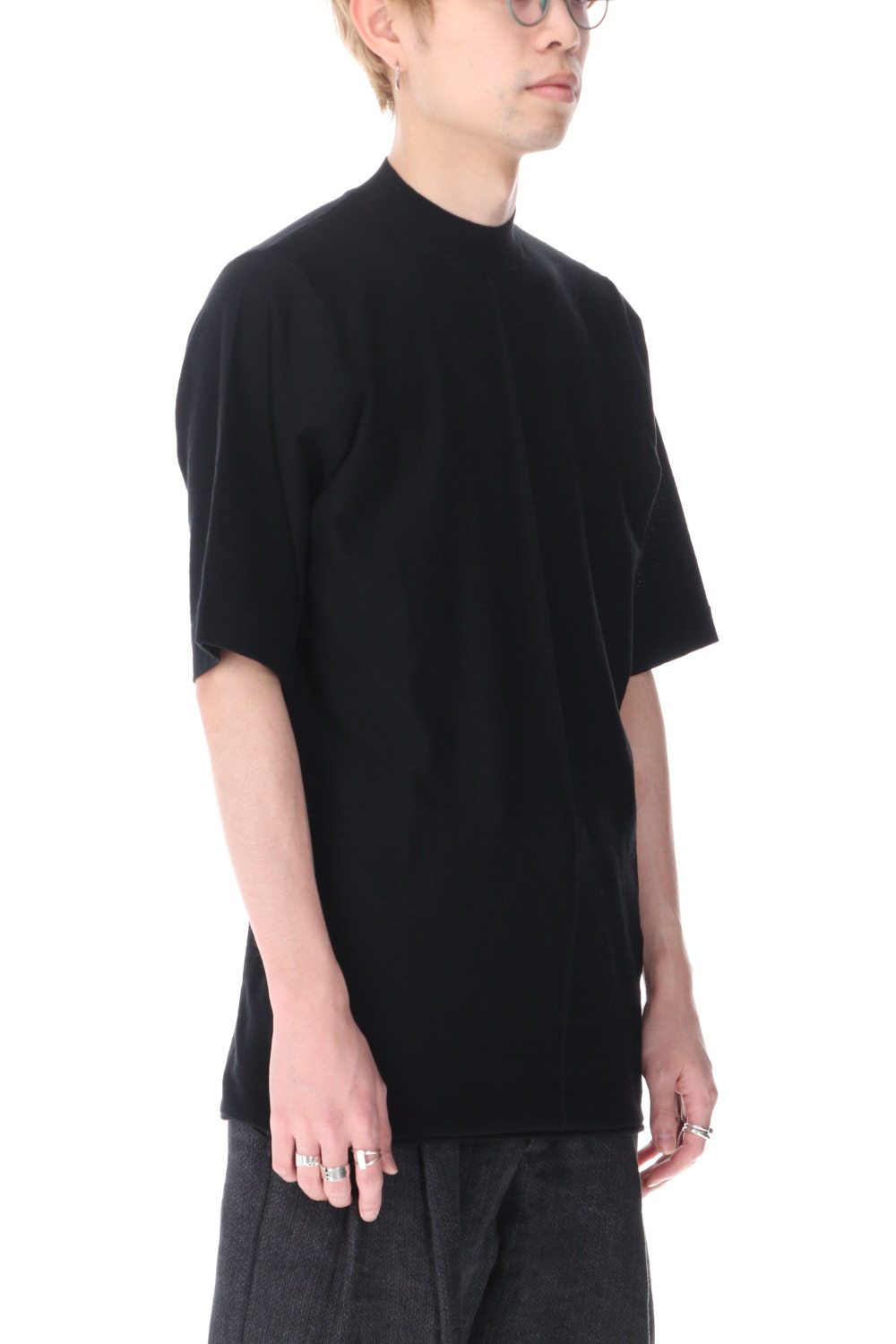 Knit mockneck short sleeve high twist cotton Black