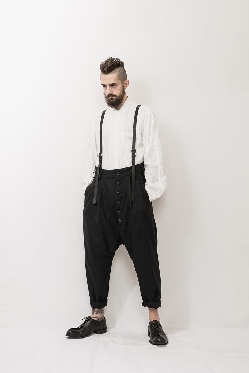 Patched Drop crotch 2 Tucks pants w/Suspenders