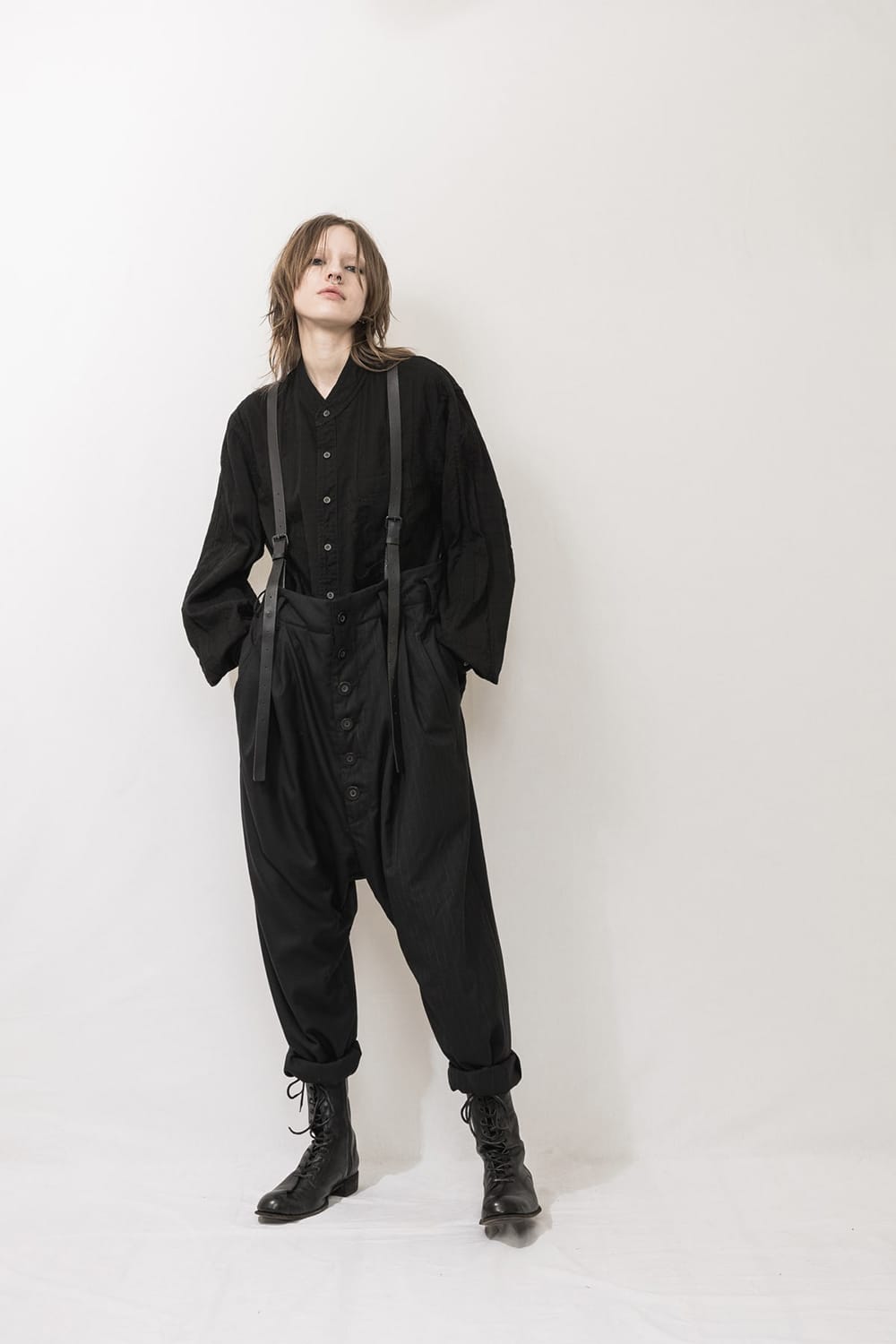 Patched Drop crotch 2 Tucks pants w/Suspenders