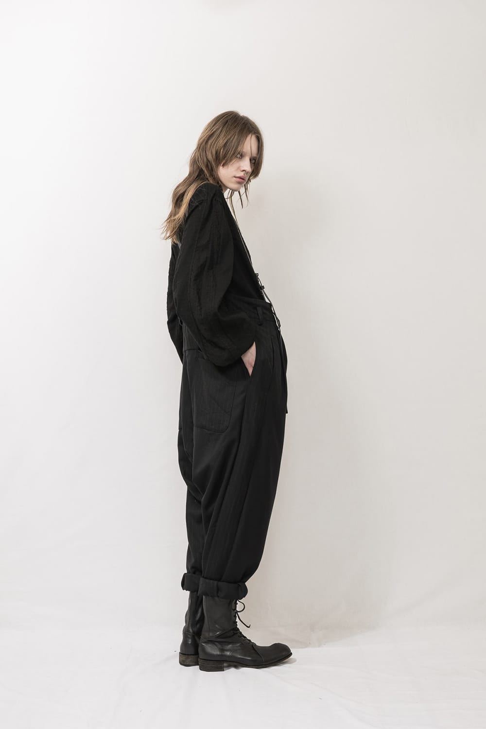 Patched Drop crotch 2 Tucks pants w/Suspenders