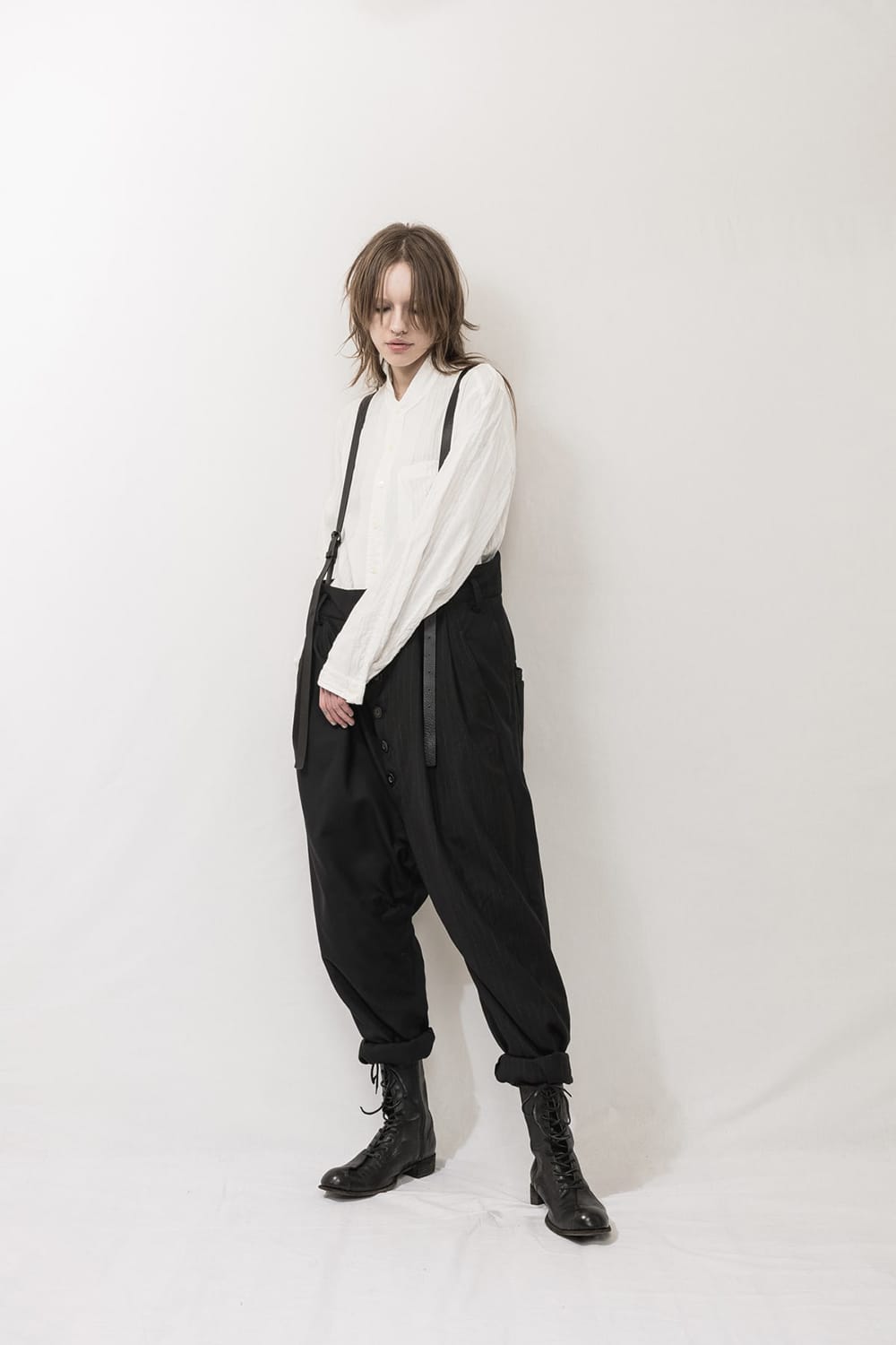 Patched Drop crotch 2 Tucks pants w/Suspenders