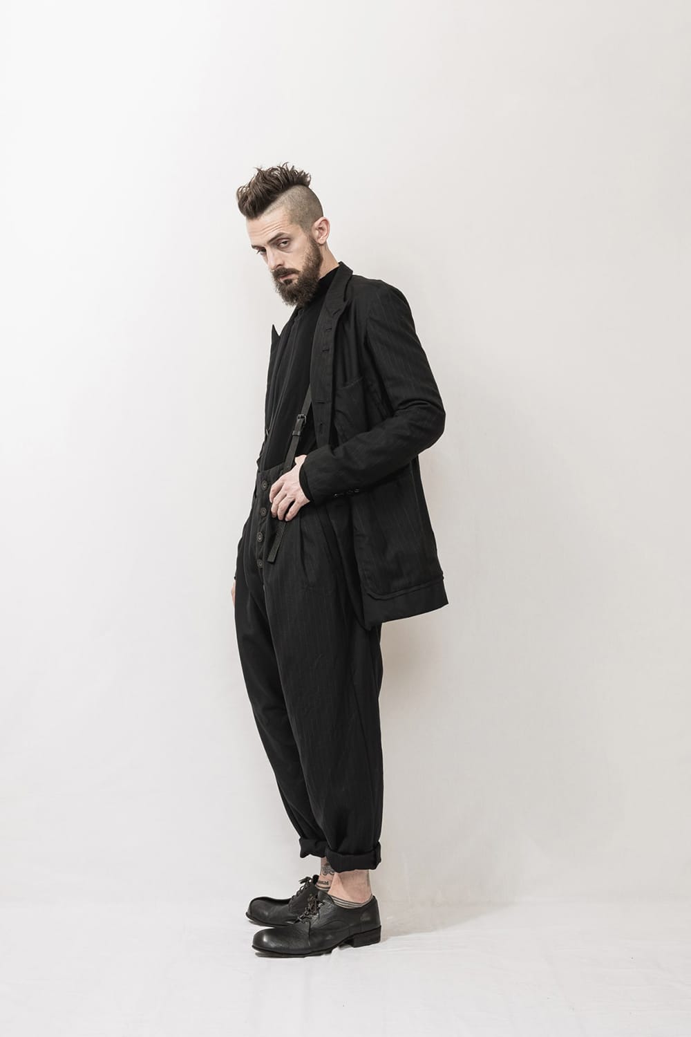 Patched Drop crotch 2 Tucks pants w/Suspenders