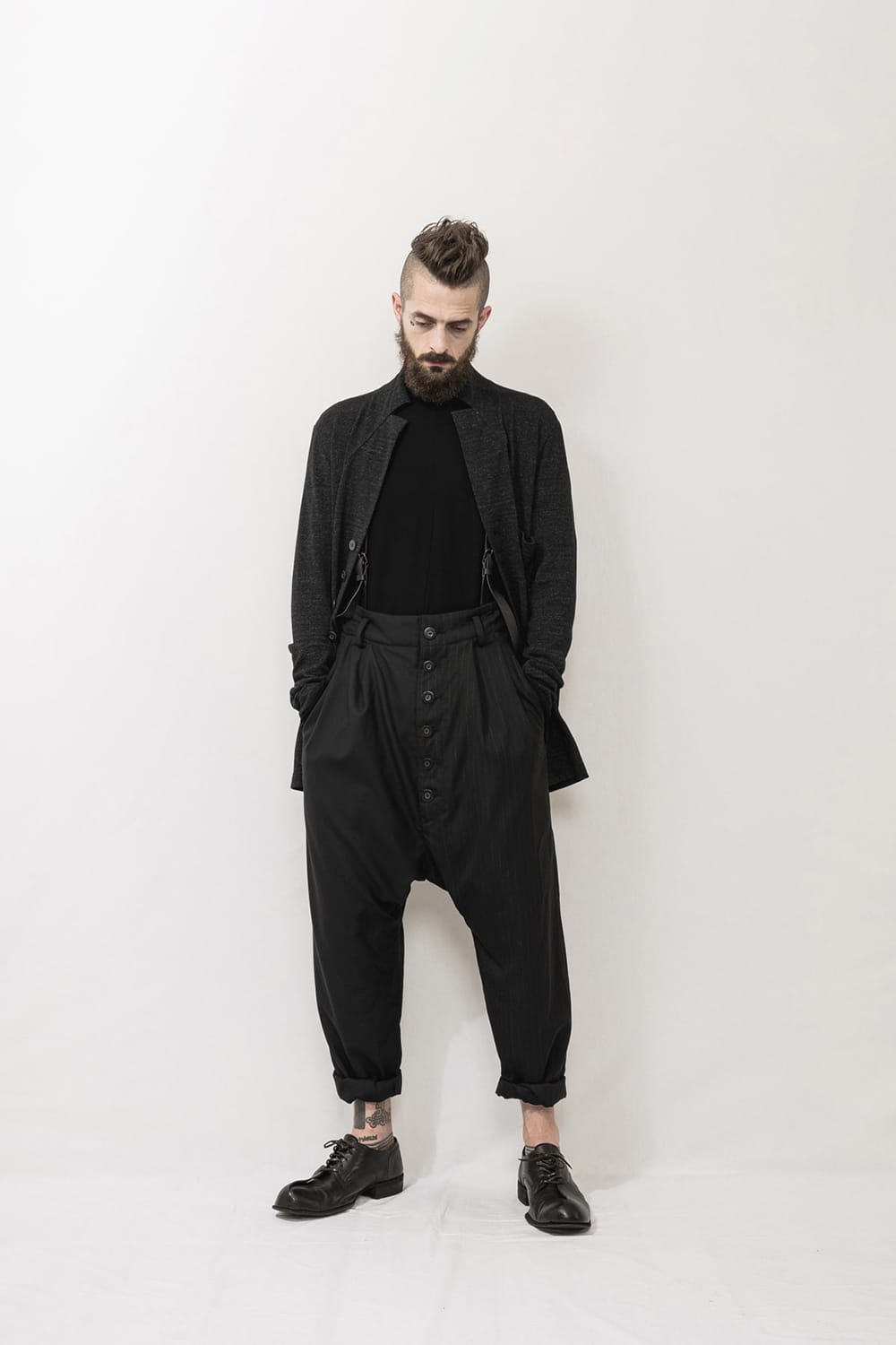 Patched Drop crotch 2 Tucks pants w/Suspenders