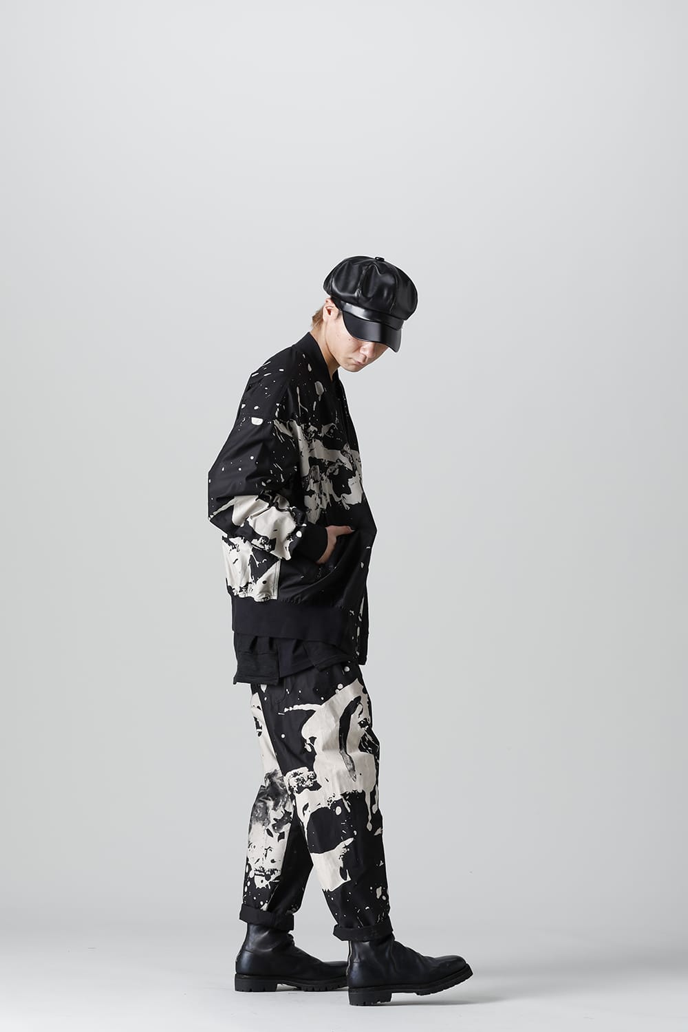 DISTORTION3 "Ryoya Nishimoto" Discharge Print Drop crotch 2 Tucks pants