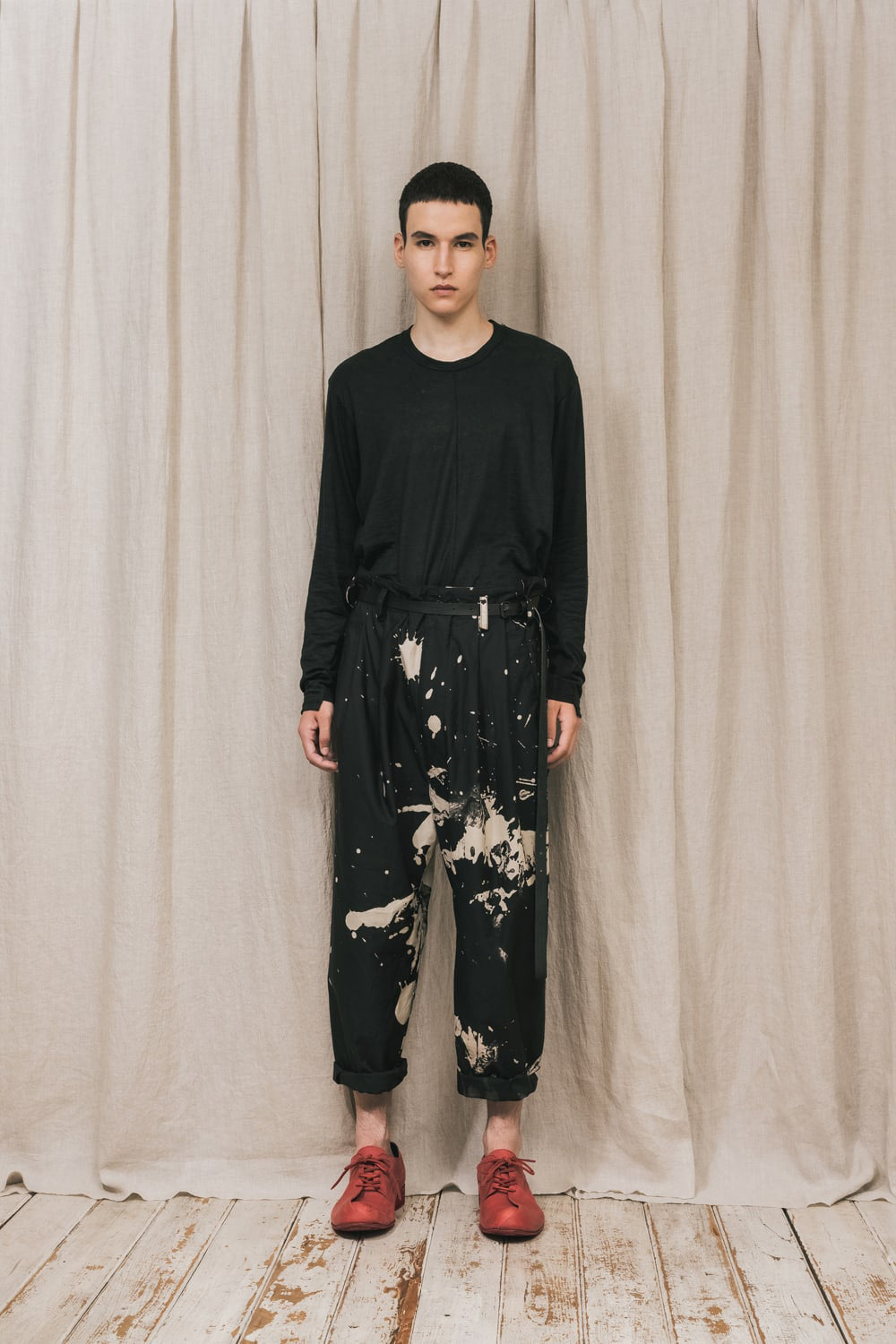 DISTORTION3 "Ryoya Nishimoto" Discharge Print Drop crotch 2 Tucks pants