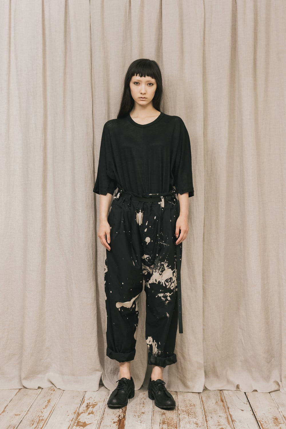 DISTORTION3 "Ryoya Nishimoto" Discharge Print Drop crotch 2 Tucks pants