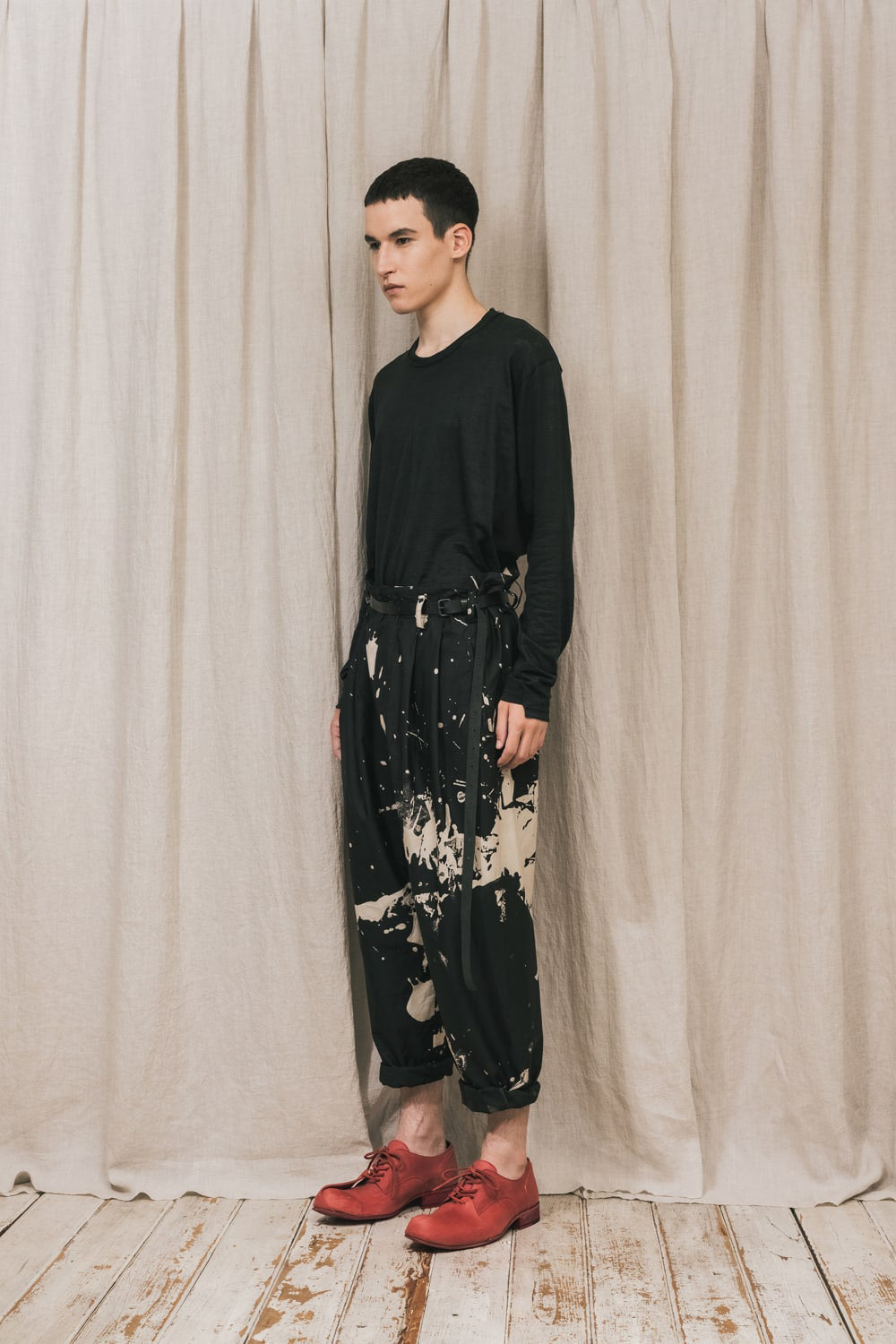 DISTORTION3 "Ryoya Nishimoto" Discharge Print Drop crotch 2 Tucks pants