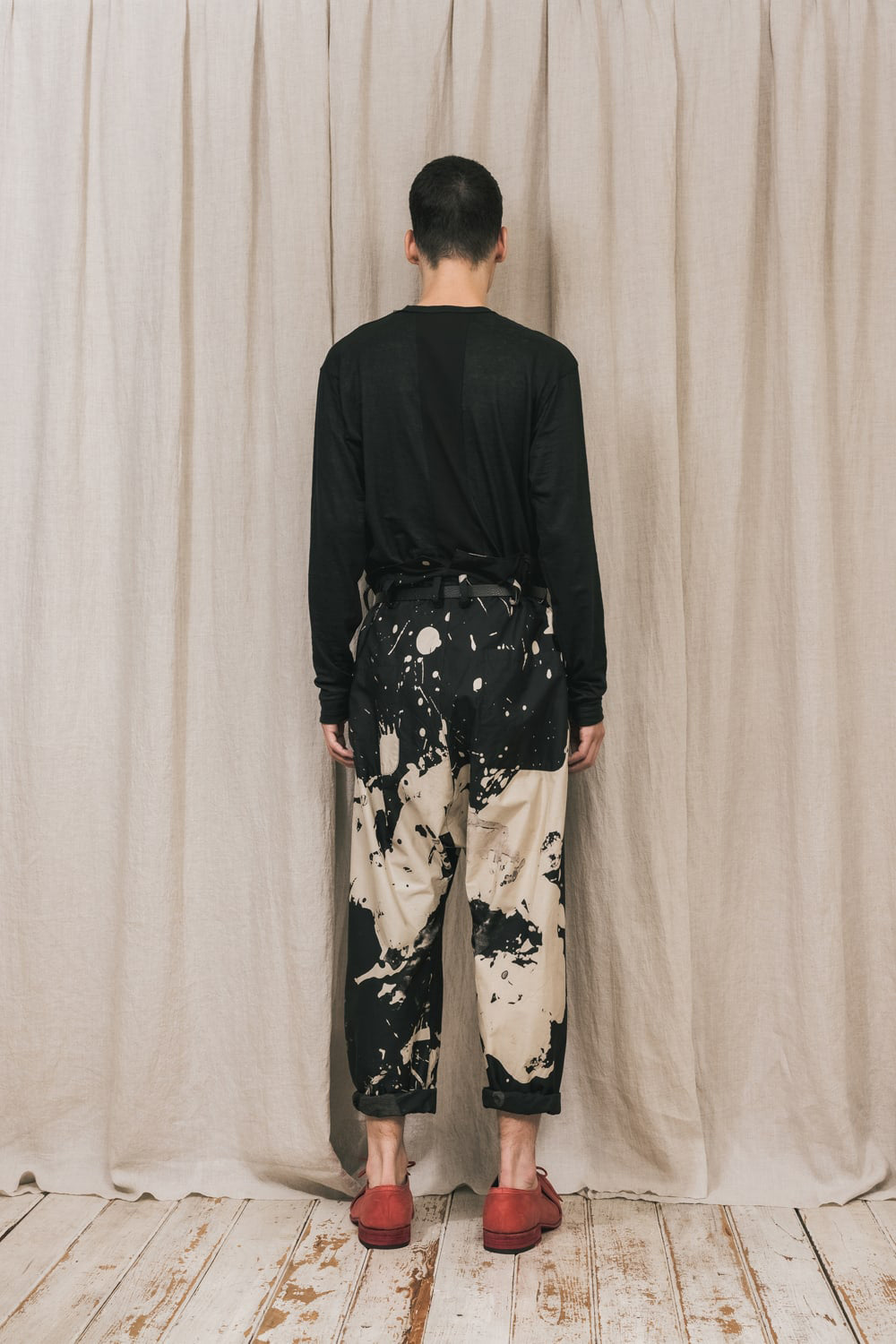 DISTORTION3 "Ryoya Nishimoto" Discharge Print Drop crotch 2 Tucks pants