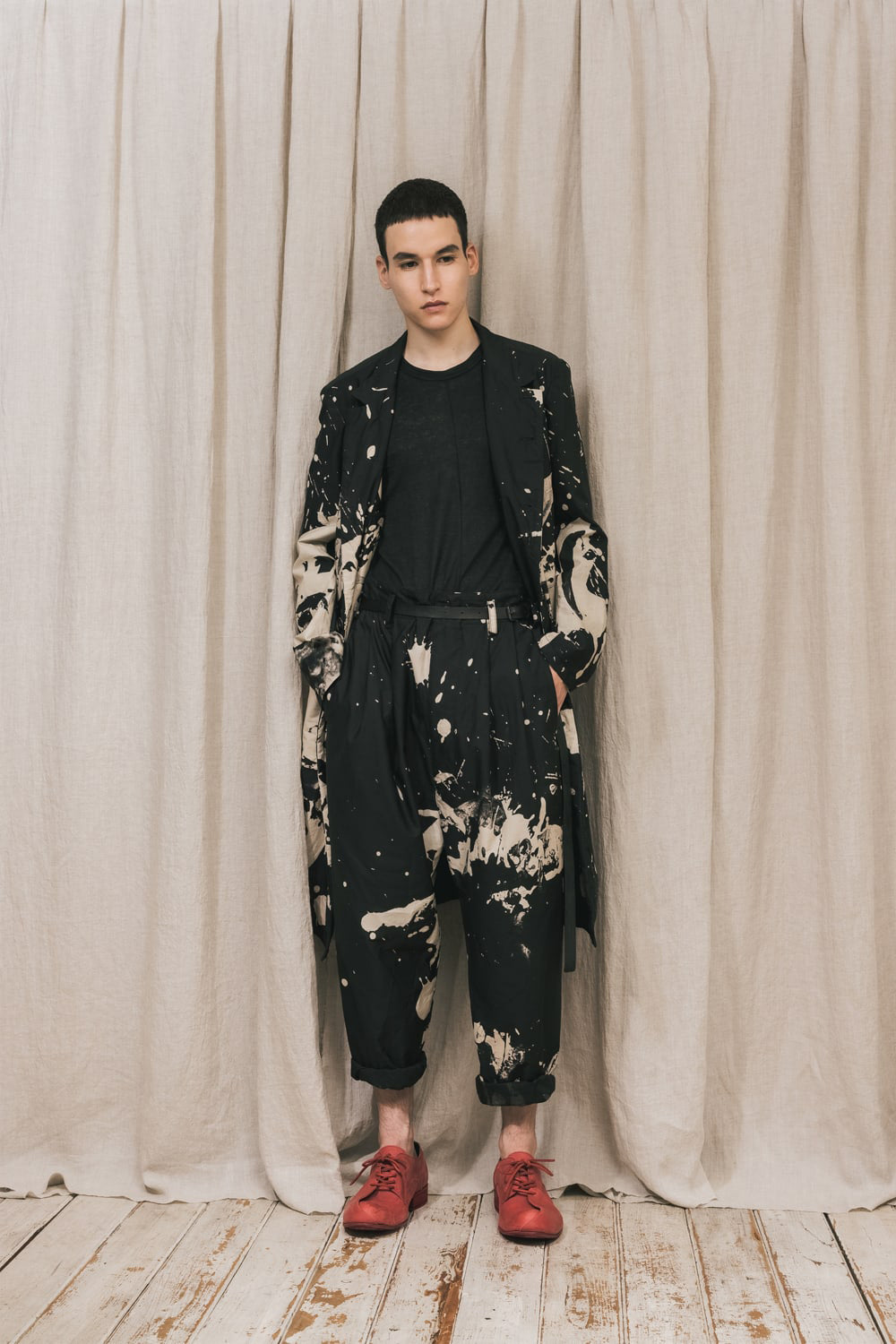 DISTORTION3 "Ryoya Nishimoto" Discharge Print Drop crotch 2 Tucks pants