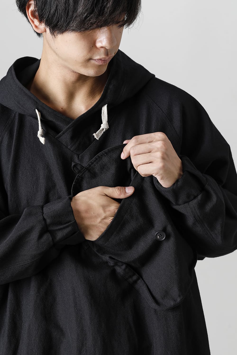 HOODED P/O JACKET Wool Flax Twill Black