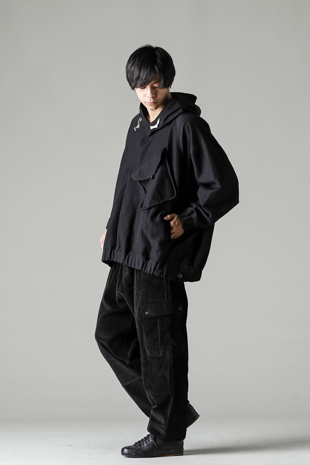 HOODED P/O JACKET Wool Flax Twill Black
