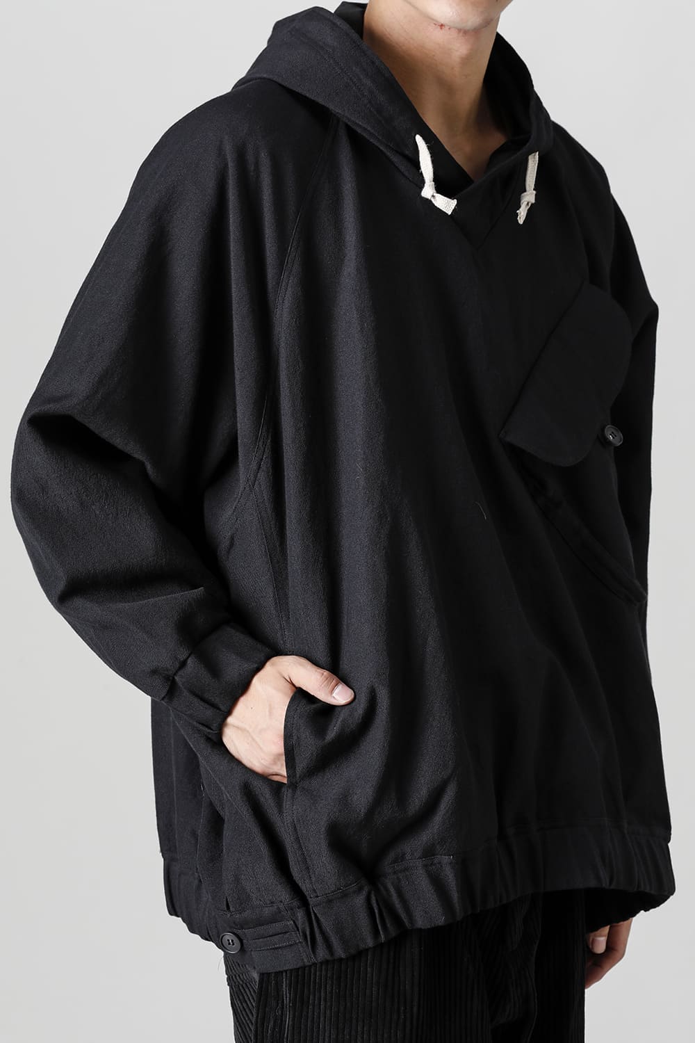 HOODED P/O JACKET Wool Flax Twill Black