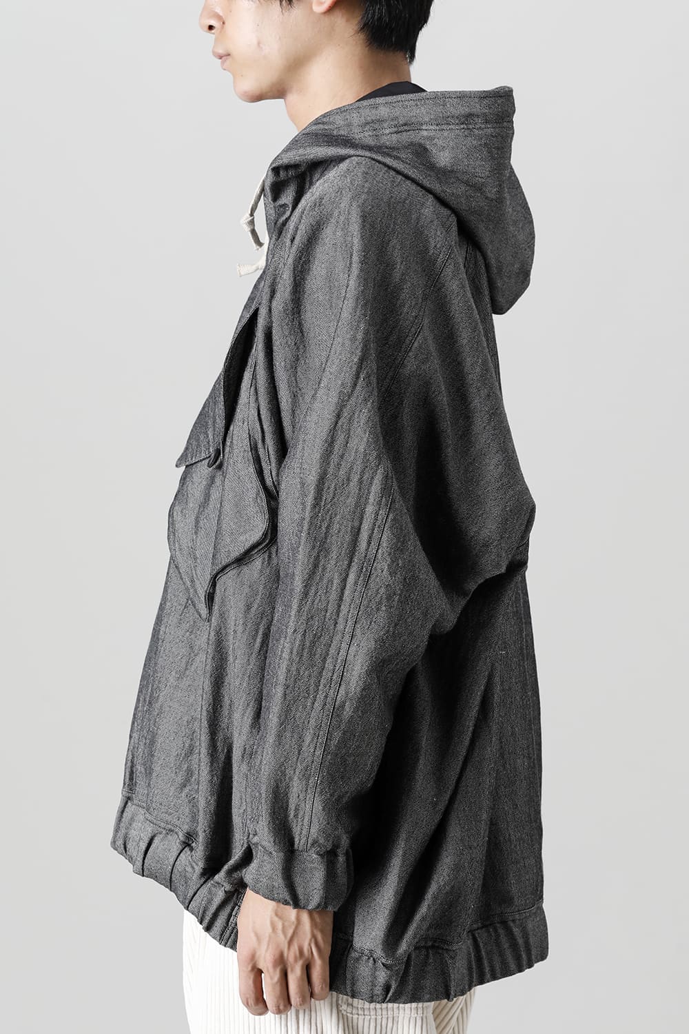 HOODED P/O JACKET Wool Flax Twill Grey Black