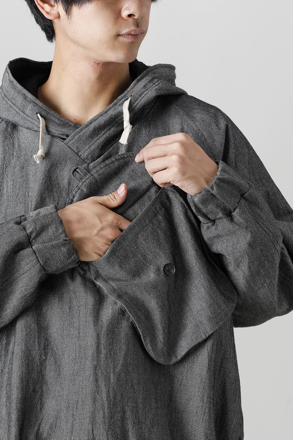 HOODED P/O JACKET Wool Flax Twill Grey Black