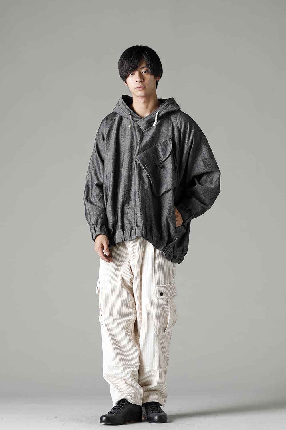 HOODED P/O JACKET Wool Flax Twill Grey Black