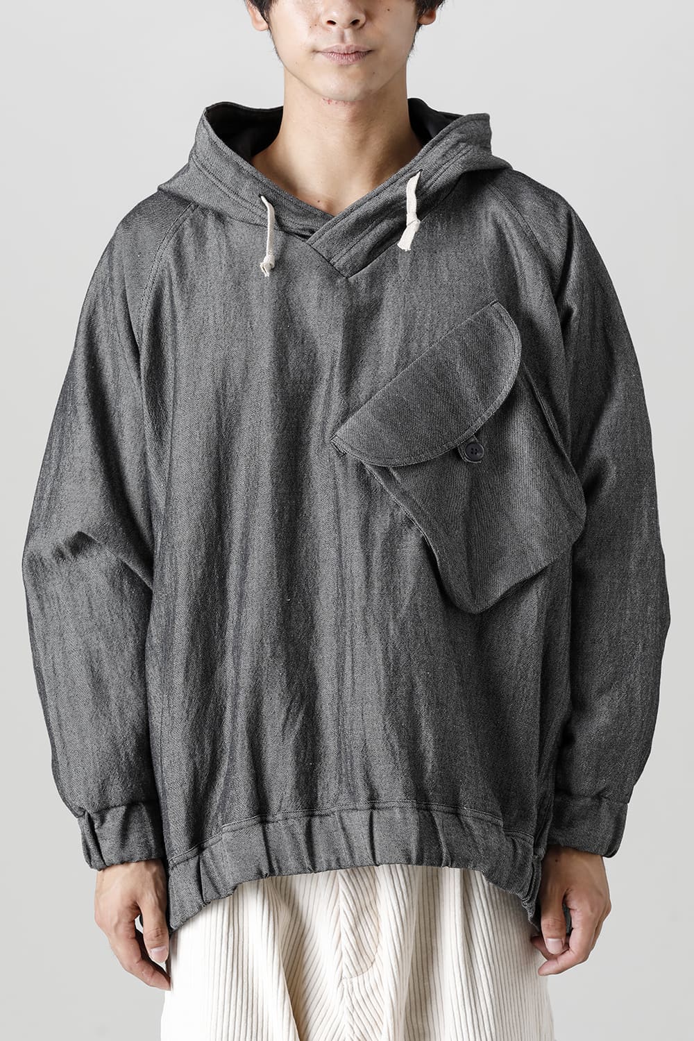HOODED P/O JACKET Wool Flax Twill Grey Black