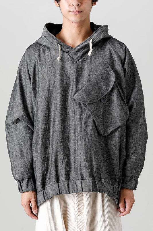 HOODED P/O JACKET Wool Flax Twill Grey Black