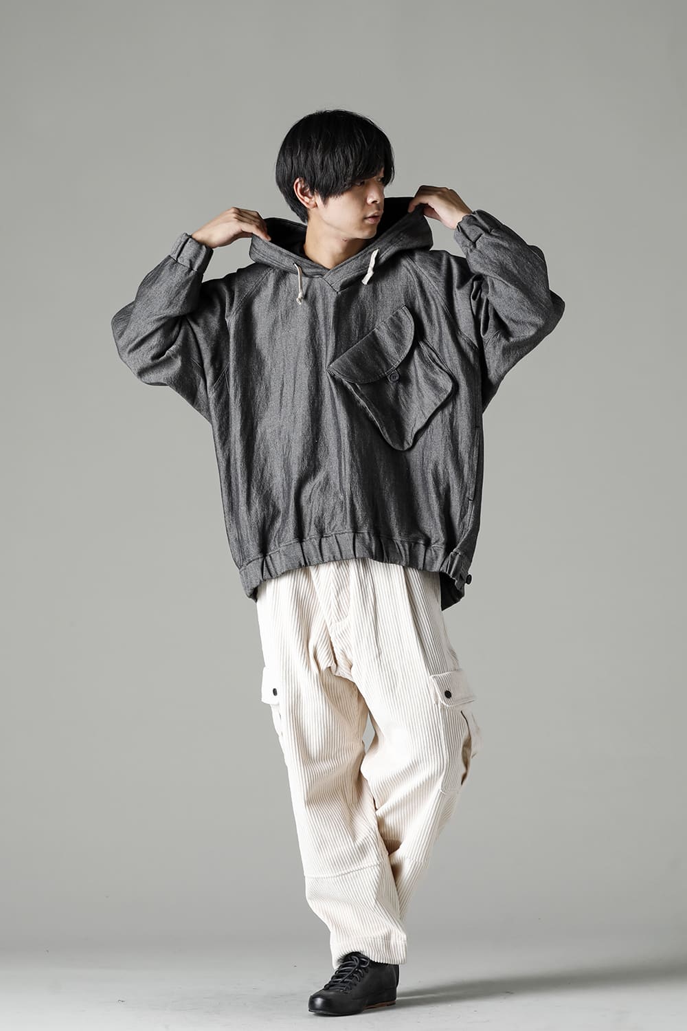 HOODED P/O JACKET Wool Flax Twill Grey Black