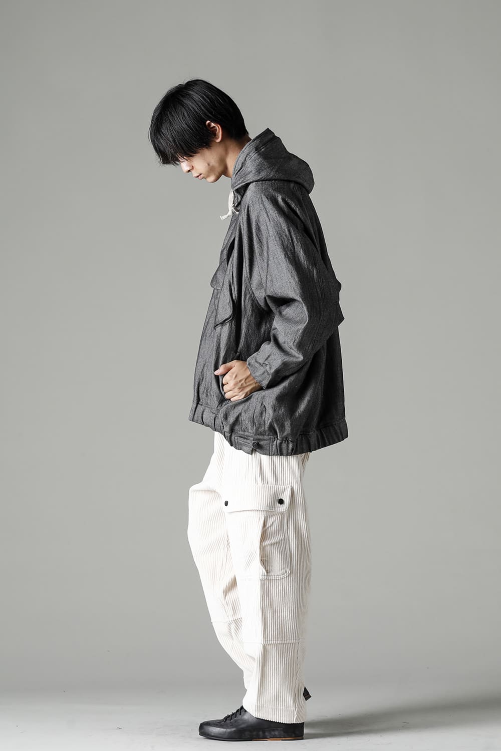 HOODED P/O JACKET Wool Flax Twill Grey Black