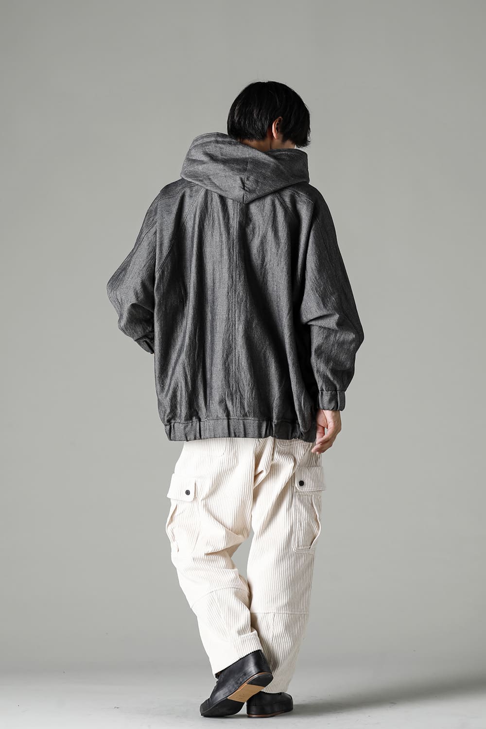 HOODED P/O JACKET Wool Flax Twill Grey Black