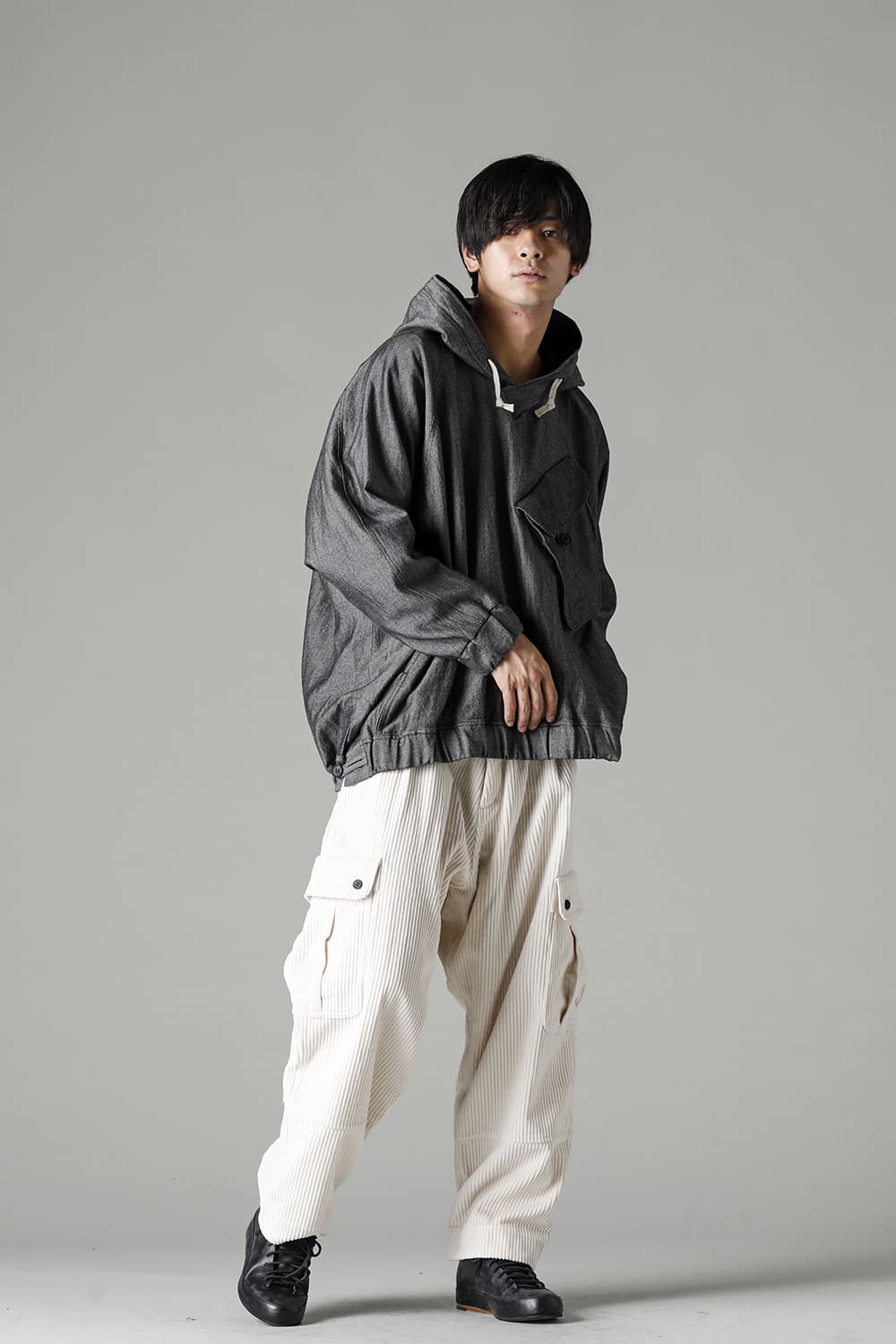 HOODED P/O JACKET Wool Flax Twill Grey Black