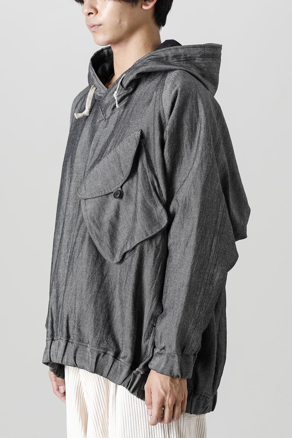 HOODED P/O JACKET Wool Flax Twill Grey Black