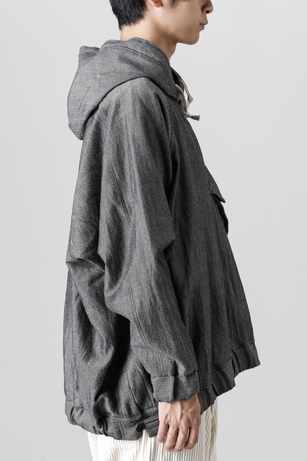 HOODED P/O JACKET Wool Flax Twill Grey Black
