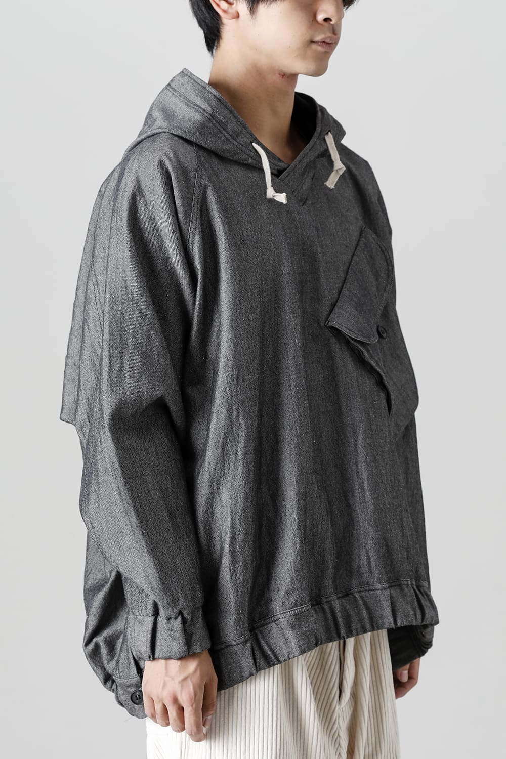 HOODED P/O JACKET Wool Flax Twill Grey Black
