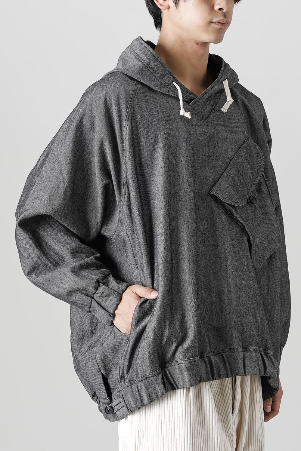 HOODED P/O JACKET Wool Flax Twill Grey Black
