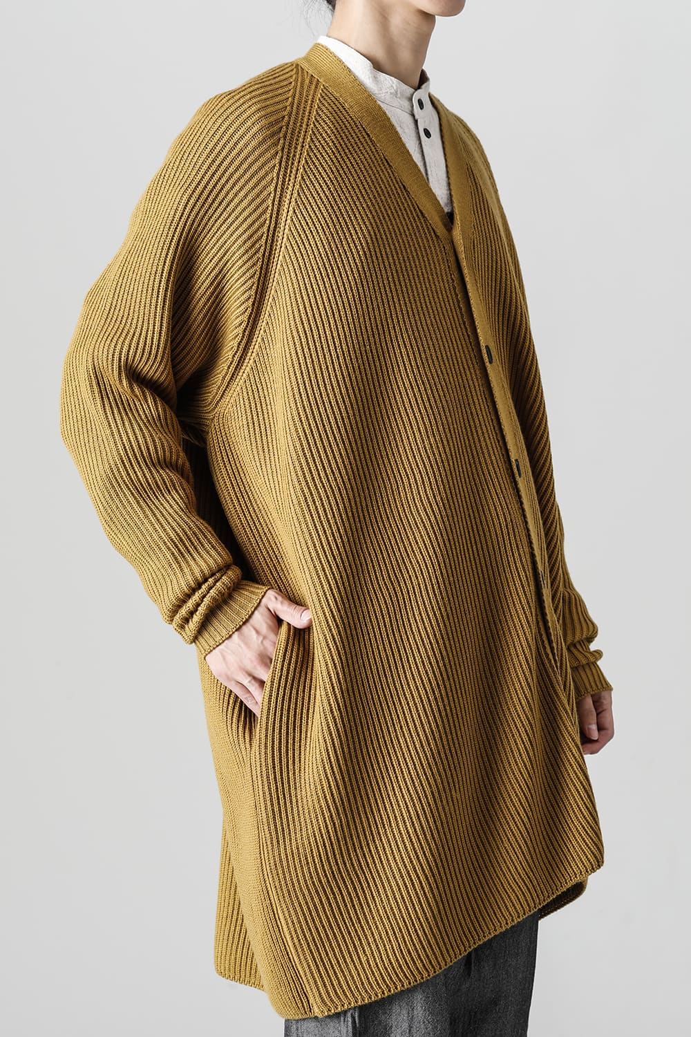 KNITTED CARDIGAN COAT Fine Merino Wool Mastard